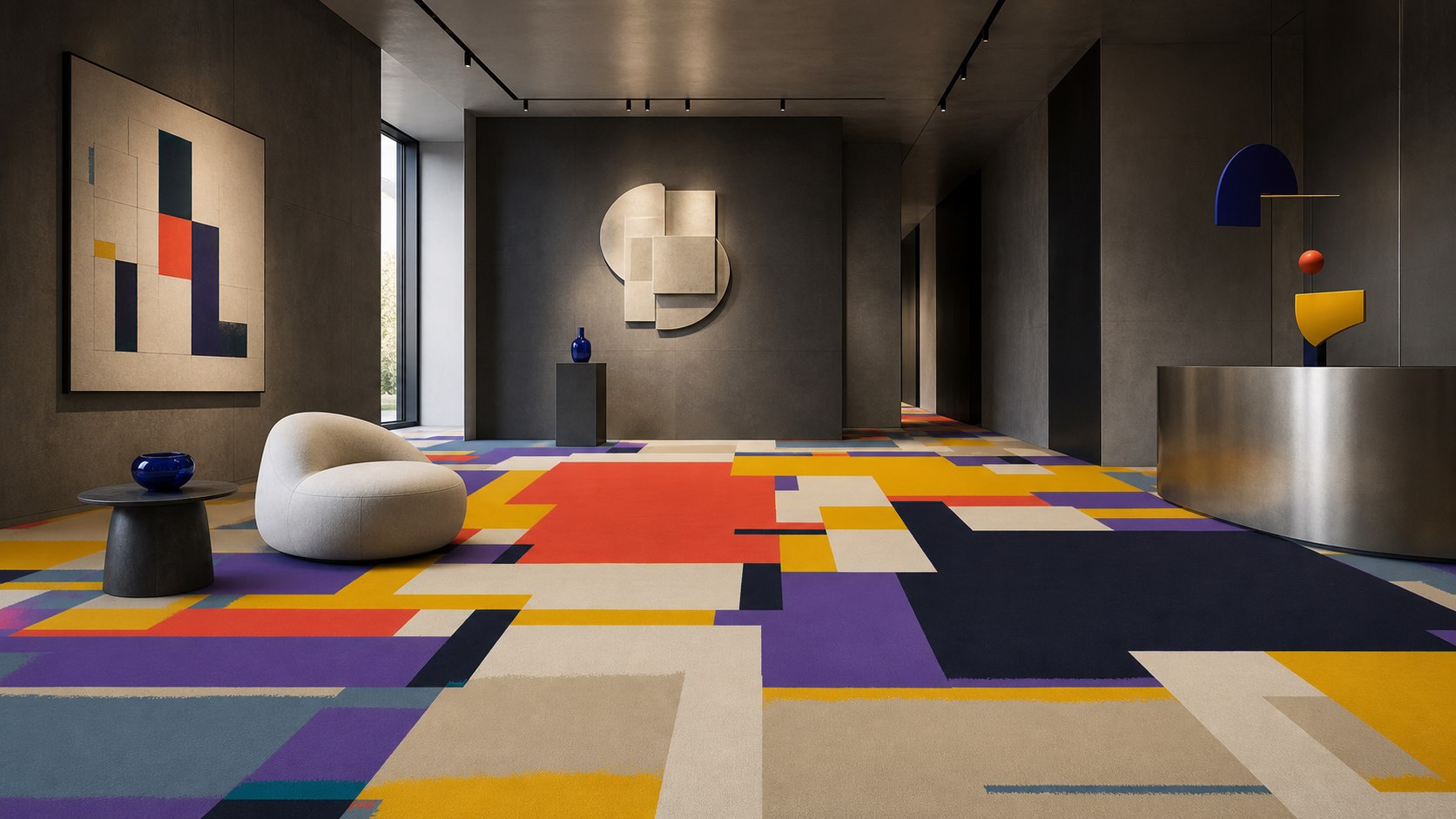 Bold cobalt, coral, violet and yellow carpet covering a modern design lobby