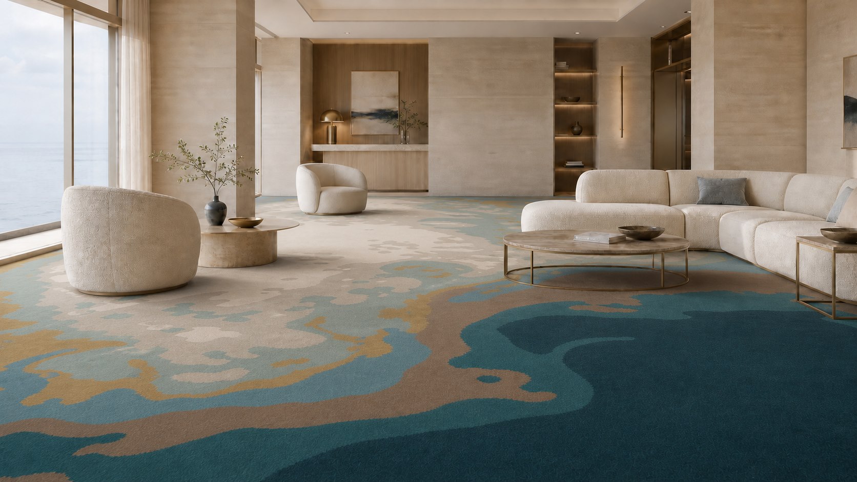 Cobalt and warm stone wall-to-wall carpet in a bright resort lounge